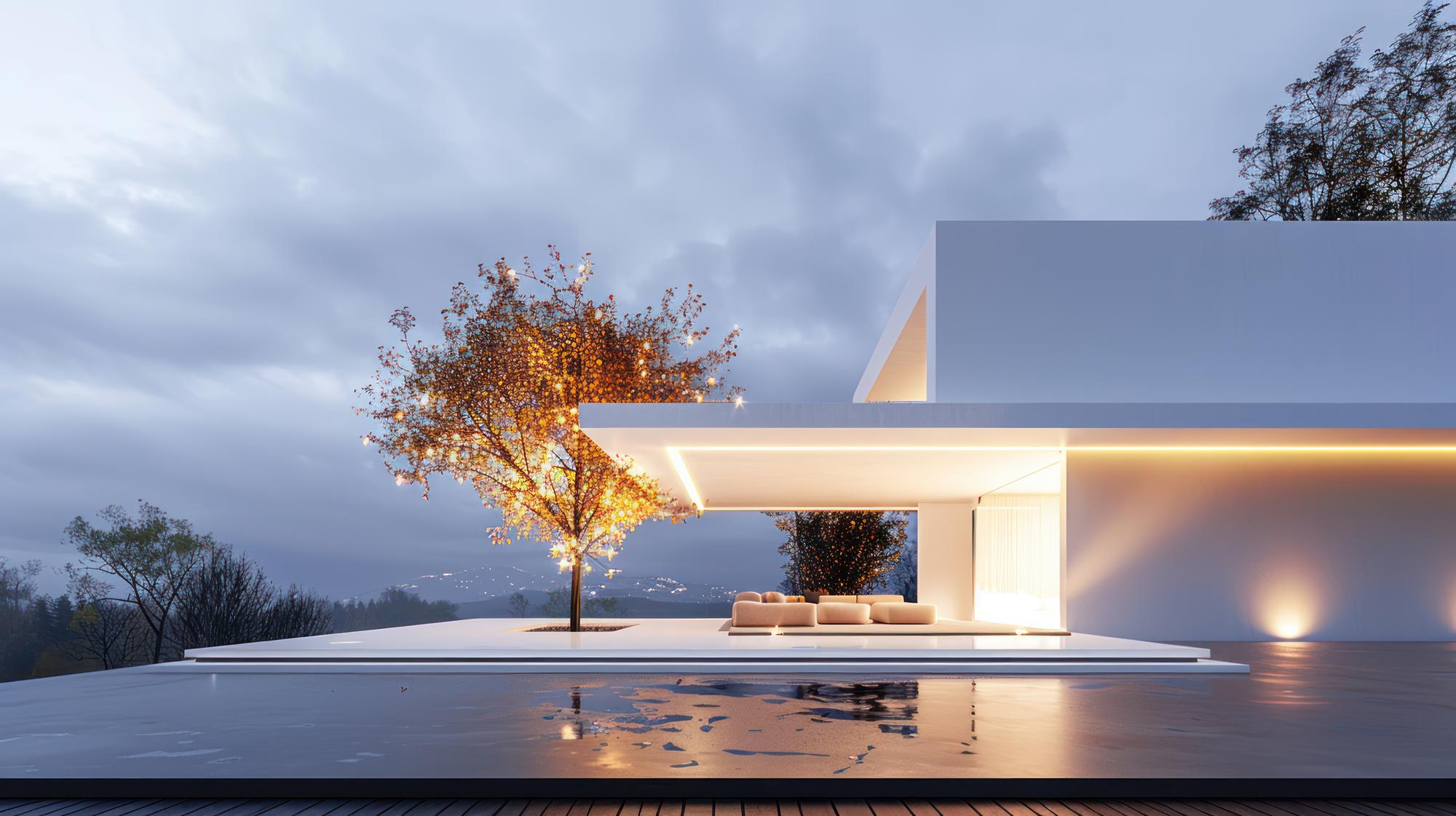 Modern villa exterior with soft lighting